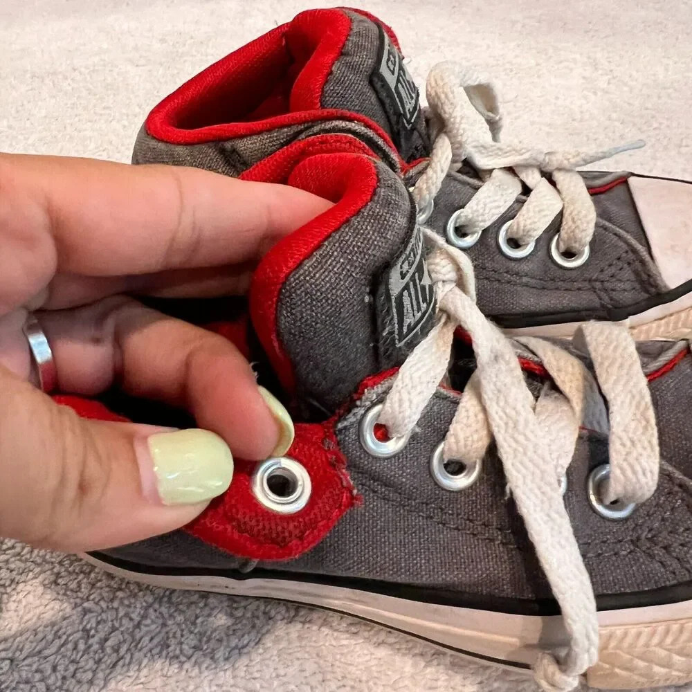 Converse High Top Sneaker All Star Jr Chuck Taylor Gray Red Canvas Lace Up 11.5 - Picture 4 of 8